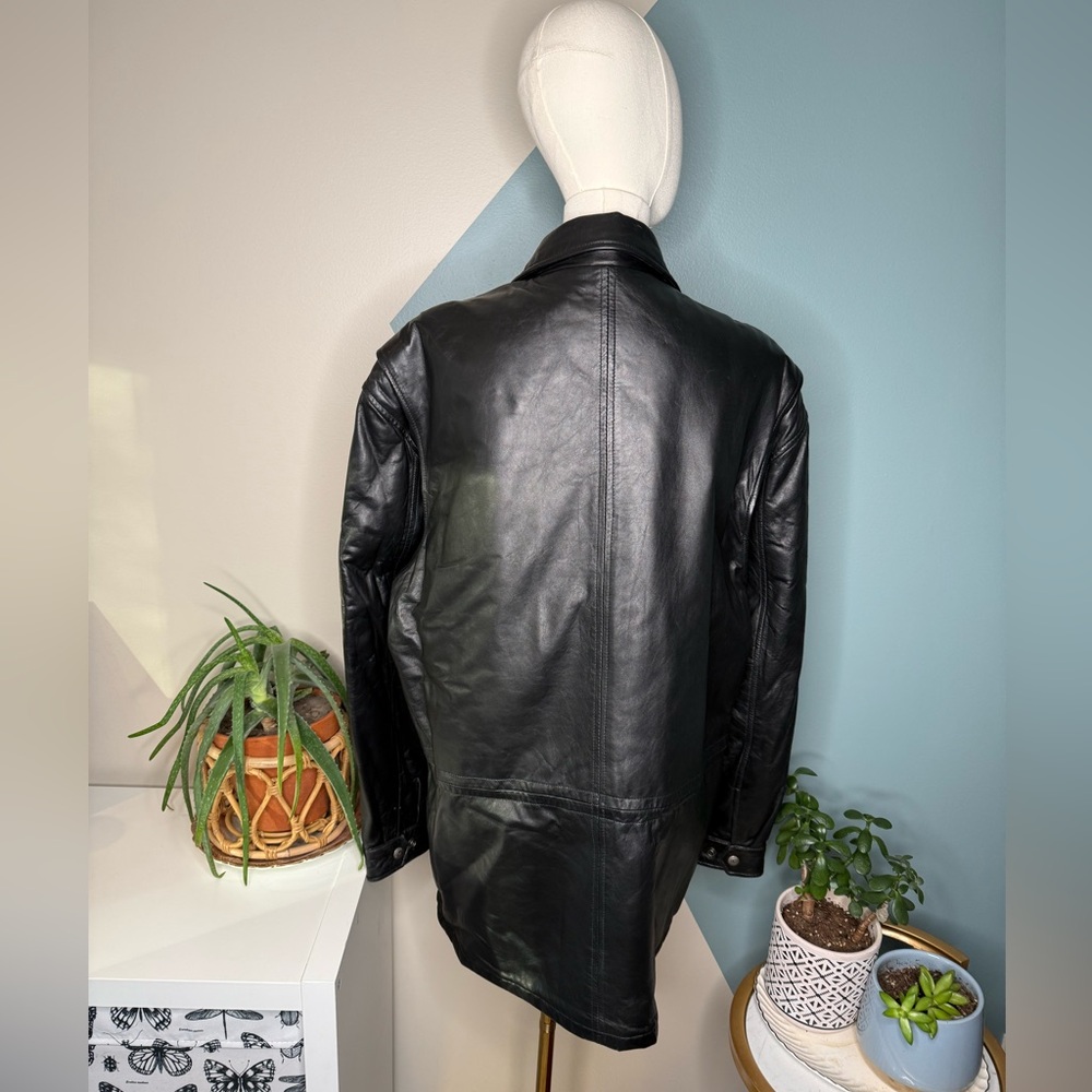90s Minimalist Black Leather Field Jacket London Fog Utility Coat Lined S - Picture 4 of 15